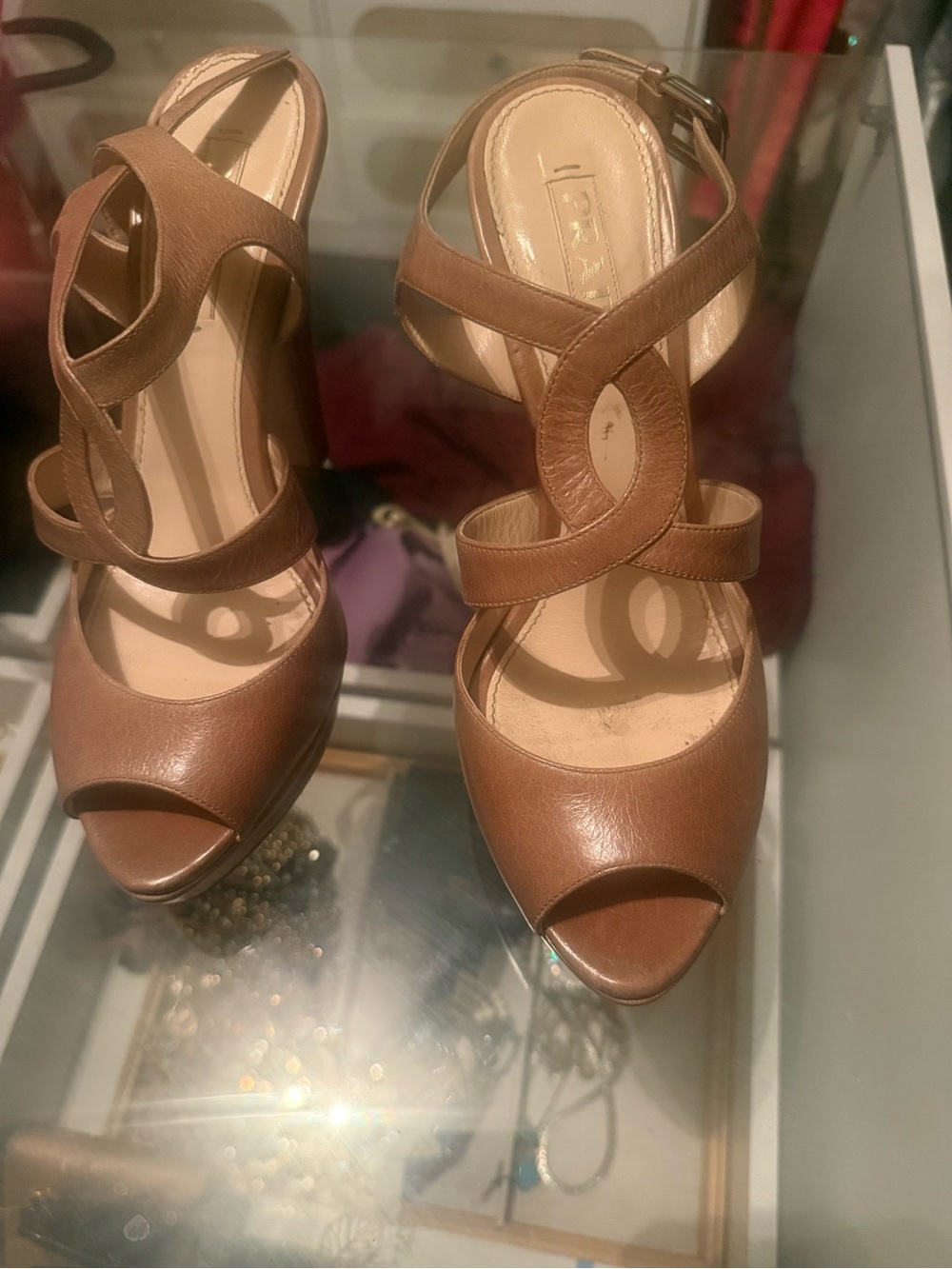 Prada Brown Leather Crisscross Open-Toe Heels